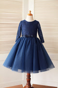 Темно-синее кружевное платье из тюля с длинными рукавами для девочек-цветочниц