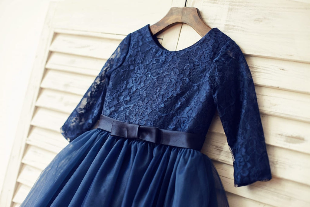 Long Sleeves Navy blue Lace Tulle Flower Girl Dress