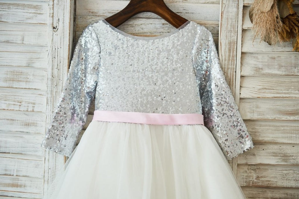 Long Sleeves Silver Sequin Ivory Lace Tulle Deep V Back 