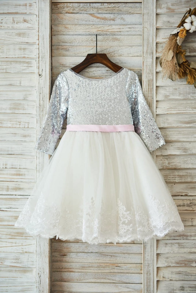 Long Sleeves Silver Sequin Ivory Lace Tulle Deep V Back 