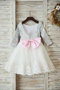 Vestido de niña de las flores de la boda de tul de encaje marfil de lentejuelas plateadas de manga larga