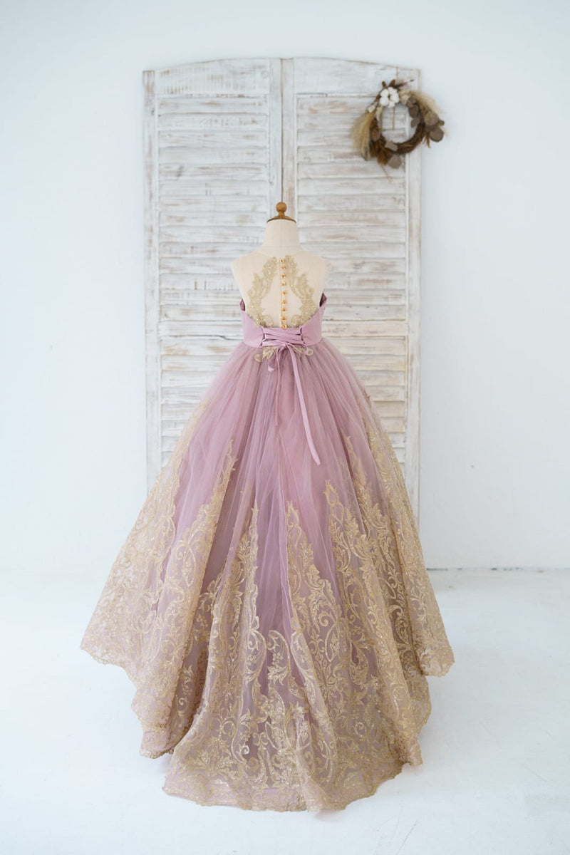 Sheer Back Ivory Lace Tulle Wedding Flower Girl Dress Kids Party Dress