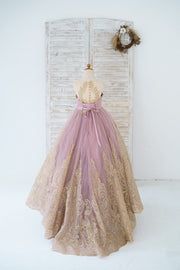 Mauve Tulle Gold Lace Sheer Back Wedding Flower Girl Dress 