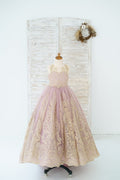 Mauve Tüll Gold Lace Sheer Back Hochzeit Blumenmädchenkleid Kinder Festzug Kleid