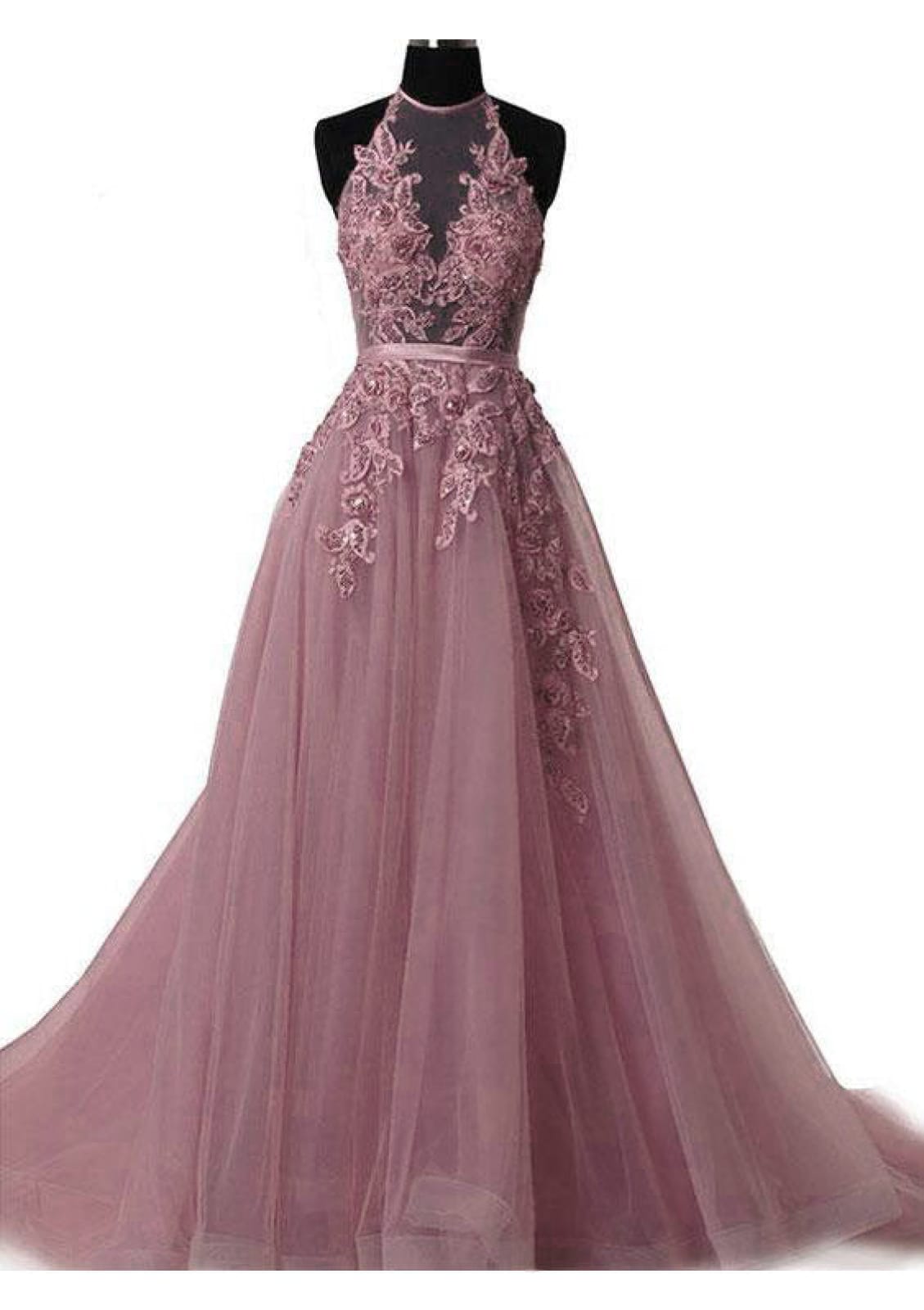 Mauve Tulle Prom Dress A-Line Halter Sleeveless Floor Length Court, Lace Mauve Tulle Prom Dress A-Line Halter Sleeveless Floor Length Court, Lace