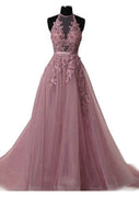 Mauve Tulle Prom Dress A-Line Halter Sleeveless Floor Length Court, Lace