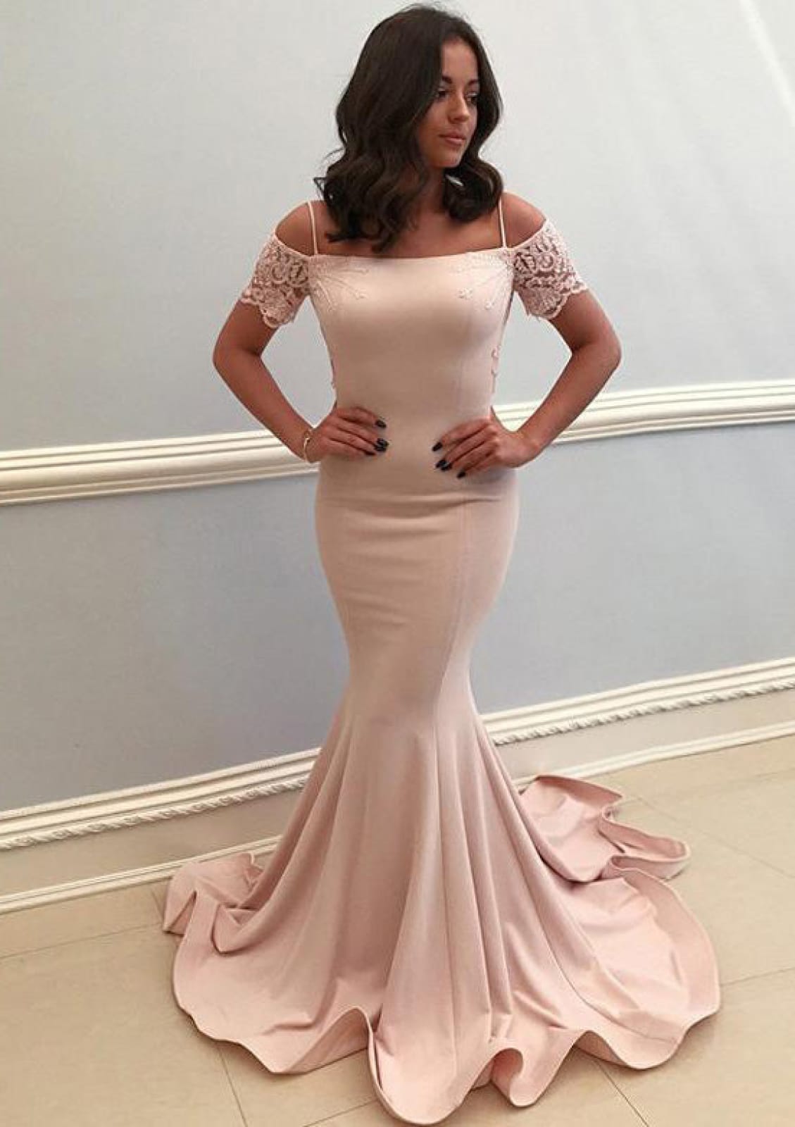 cold shoulder mermaid dress Mermaid Cold Shoulder Lace Sleeves Pink Satin Formal Evening Dress, Bowknot