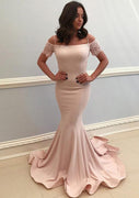 Mermaid Cold Shoulder Lace Sleeves Pink Satin Formal Evening Dress, Bowknot