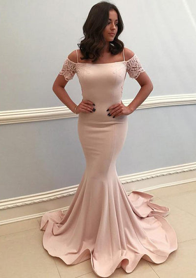 Mermaid Cold Shoulder Lace Sleeves Pink Satin Formal Prom