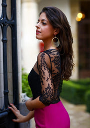 Mermaid Half Sleeve Open Back Black Lace Fuchsia Satin Prom