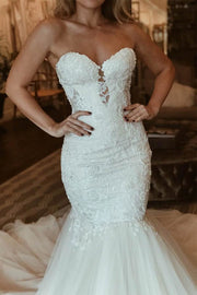 Mermaid Ivory Lace Tulle Sweetheart Neck Wedding Party Dress