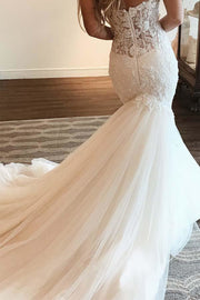 Mermaid Ivory Lace Tulle Sweetheart Neck Wedding Party Dress