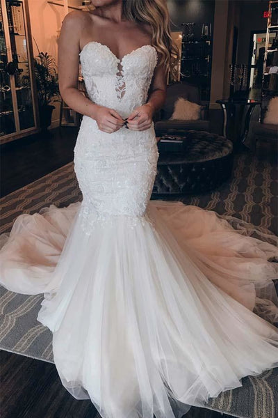 Mermaid Ivory Lace Tulle Sweetheart Neck Wedding Party Dress