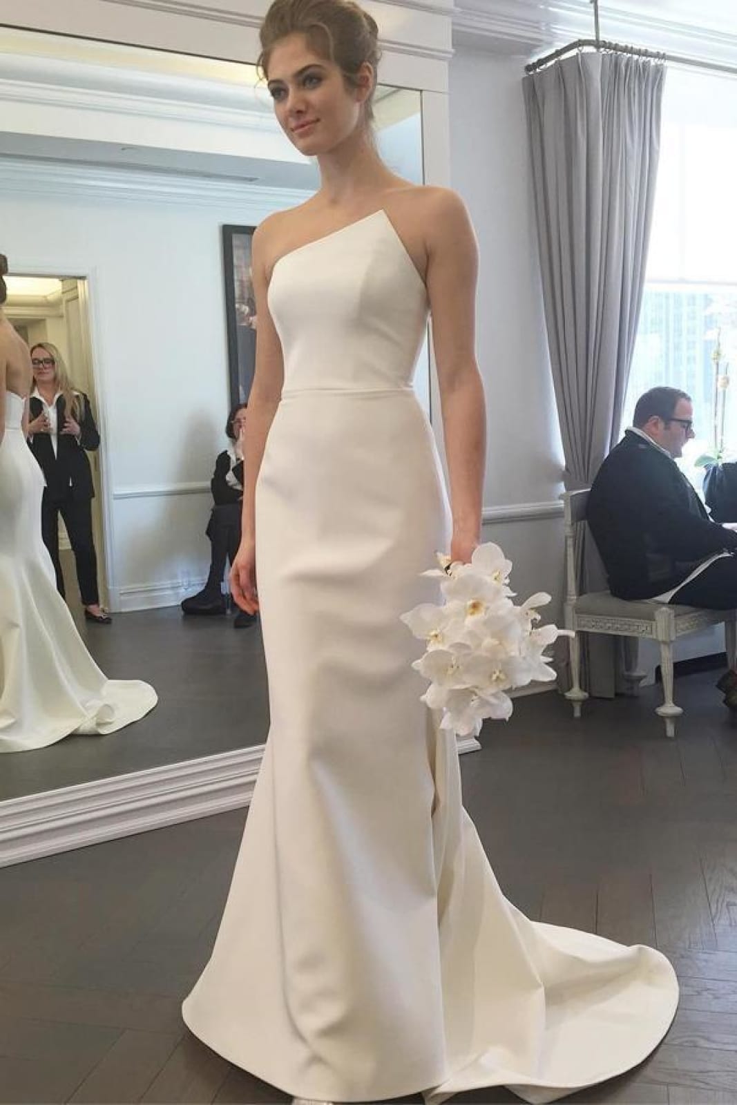 Mermaid Ivory Satin Asymmetrical Neck Wedding Dress 6 Mermaid Ivory Satin Asymmetrical Neck Wedding Dress 6