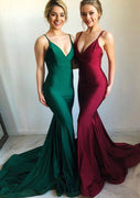 Mermaid V Neck Backless Court Train Charmeuse Prom Party Evening Dress