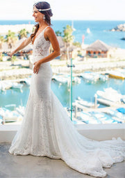 Mermaid V-Neck Sleeveless Fishtail Lace Court Bridal Wedding