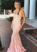 Mermaid V Neck Sleeveless Straps Sweep Pink Lace Prom Dress, perles