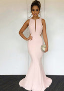 Mermaid Round Neck Sleeveless Open Back Pearl Pink Satin Evening Dress