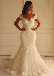 Mermaid Off Shoulder Sleeveless Chapel Lace Wedding Dress - 