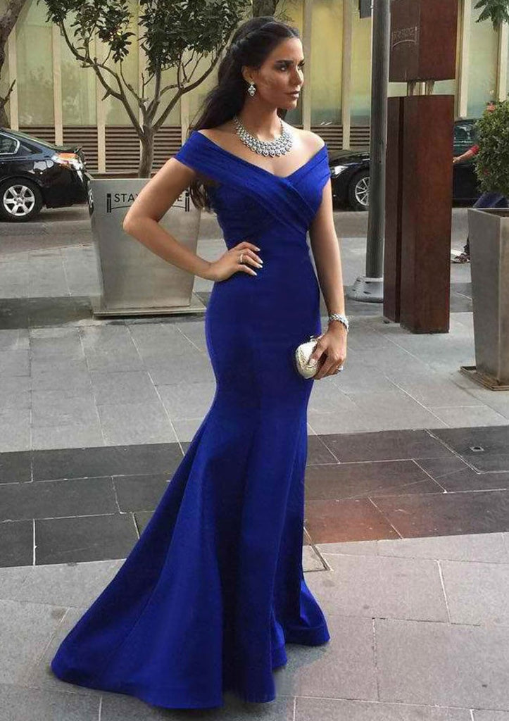Women's off-shoulder royal blue glam floor length evening gown with  delicate white lace work