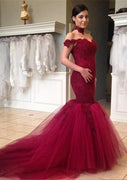 Mermaid Off Shoulder Scalloped Sweetheart Chapel Burgundy Lace Tulle Prom Dress