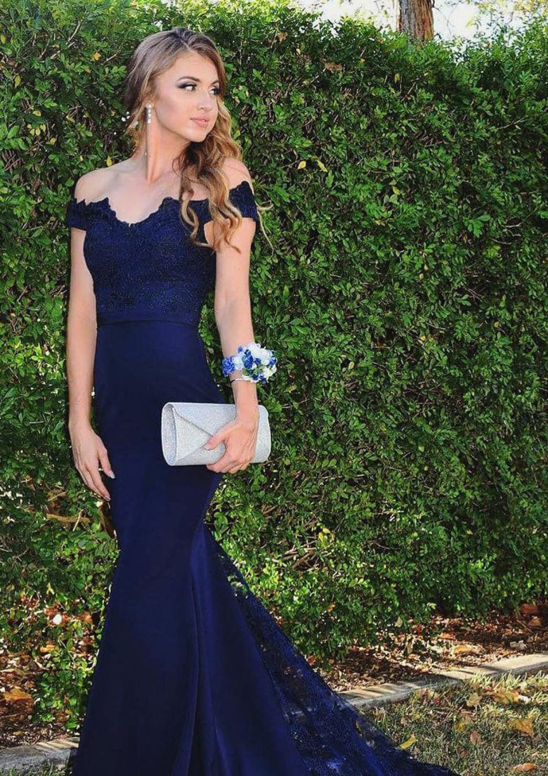 navy blue fishtail prom dress Mermaid Off Shoulder Sleeveless Court Fishtail Navy Blue Satin Prom Dress, Lace