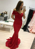 Mermaid Off Shoulder Sweetheart Floor Length Sweep Red Charmeuse Prom Dress