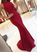 Mermaid Sleeveless High Neck Sweep Burgundy Lace Evening Dress