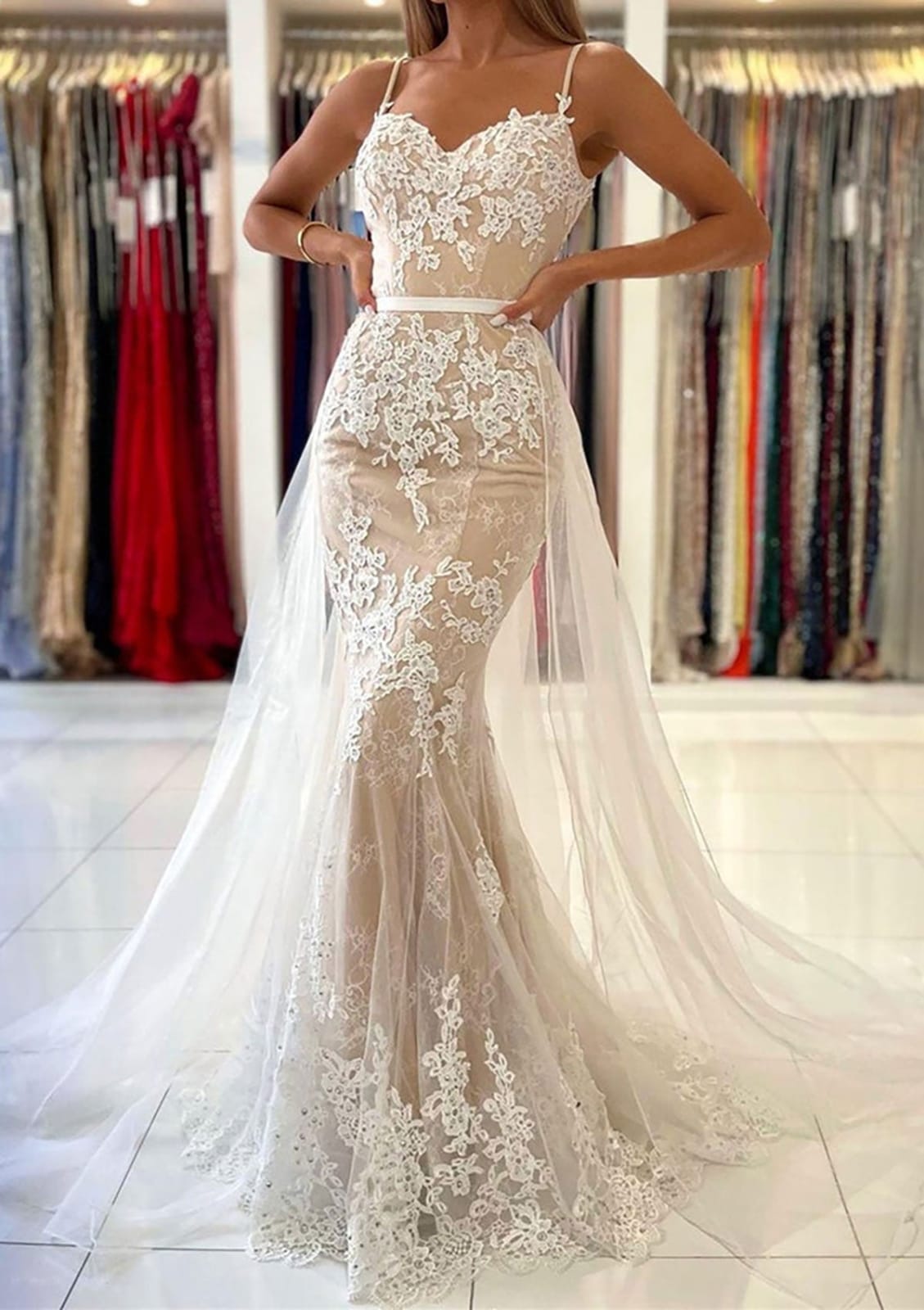 Mermaid Strap Champagne Overskirt Court Lace Tulle Wedding Dress Mermaid Strap Champagne Overskirt Court Lace Tulle Wedding Dress
