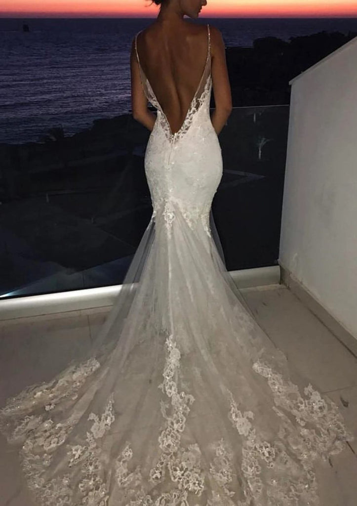 Mermaid Strap V Neck Sleeveless Chapel Train Lace Wedding Dress - Princessly Mermaid Strap V Neck Sleeveless Chapel Train Lace Wedding Dress - Princessly