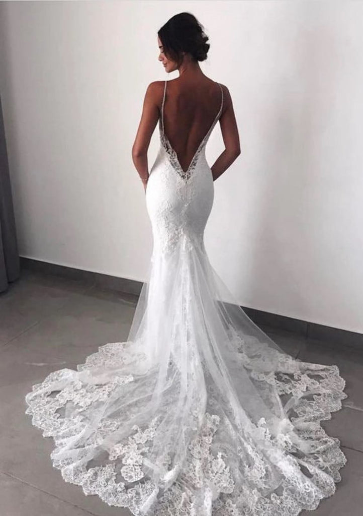 Mermaid Strap V Neck Sleeveless Chapel Train Lace Wedding Dress - Princessly Mermaid Strap V Neck Sleeveless Chapel Train Lace Wedding Dress - Princessly