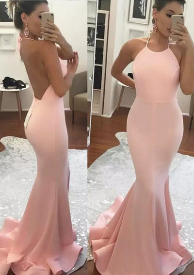 Mermaid Tie Halter Backless Pearl Pink Elastic Satin Prom