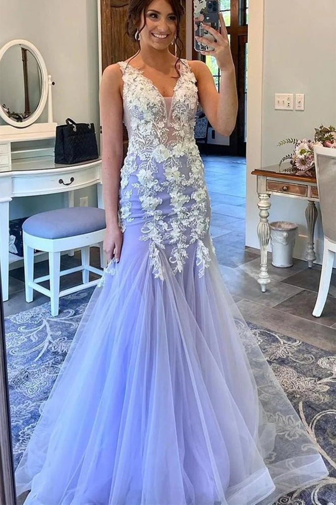Mermaid / Trumpet Prom Dresses Floral Dress Formal Sweep / Brush Train Sleeveless V Neck Tulle with Ruffles Appliques 2024