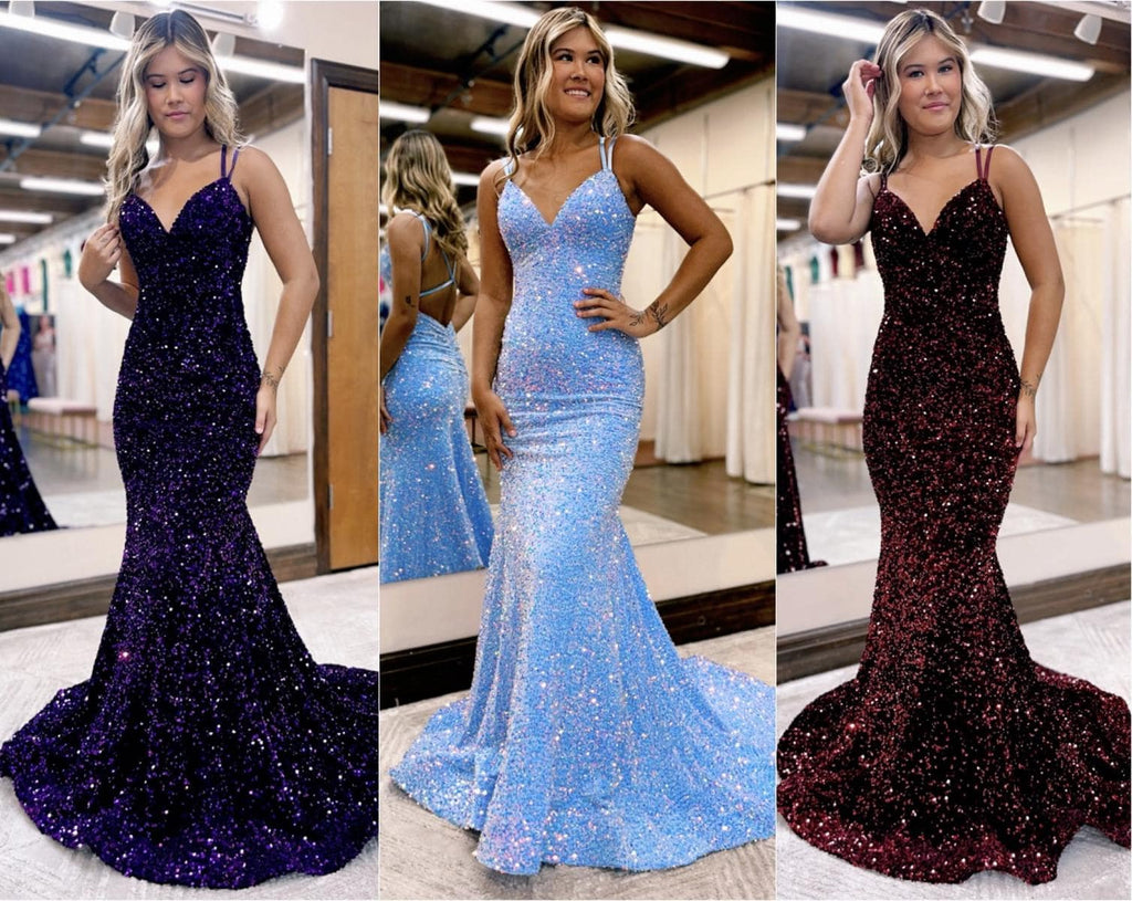 Mermaid / Trumpet Prom Dresses Sparkle & Shine Dress Formal Court Train Sleeveless V Neck Sequined Backless with Sequin 2024