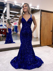 Mermaid / Trumpet Prom Dresses Sparkle & Shine Dress Formal Court Train Sleeveless V Neck Sequined Backless with Sequin 2024