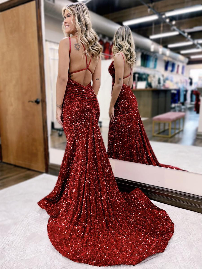 Mermaid / Trumpet Prom Dresses Sparkle & Shine Dress Formal Court Train Sleeveless V Neck Sequined Backless with Sequin 2024