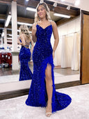 Mermaid / Trumpet Prom Dresses Sparkle & Shine Dress Formal Court Train Sleeveless V Neck Sequined Backless with Sequin Slit 2024