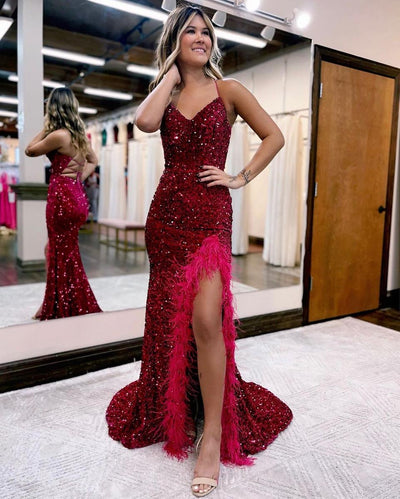 Robes Mermaid / Trumpet Prom Sparkle & Shine Dress Formal Court Train Sleeveless V Neck Sequined Backless avec Sequin Slit 2023
