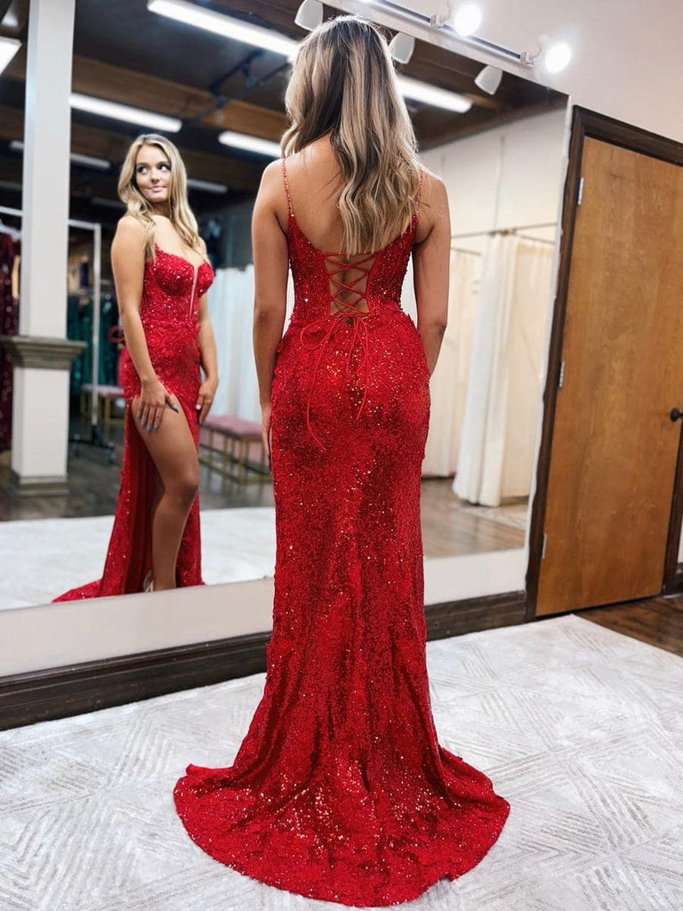 Mermaid / Trumpet Prom Dresses Sparkle & Shine Dress Formal Sweep / Brush Train Sleeveless Spaghetti Strap Sequined Backless with Beading Sequin Slit 2024