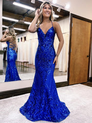 Mermaid / Trumpet Prom Dresses Sparkle & Shine Dress Formal Sweep / Brush Train Sleeveless V Neck Sequined Backless with Glitter Sequin 2024