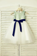 Mint\Pink/Navy/Gold/Royal Sequin Ivory Tulle Flower Girl Dress, Sash