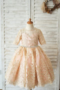 Modest Gold Lace Pink Lining Short Sleeves V Back Wedding Flower Girl Dress