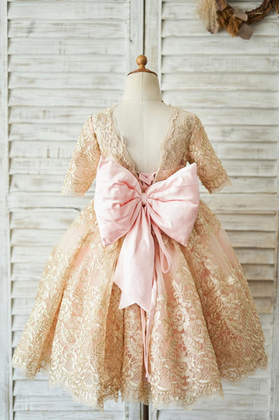 Gold Lace Pink Lining Short Sleeves V Back Wedding Flower 