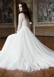 Long Sleeve Buttons Lace Tulle A-line Princess Wedding Dress