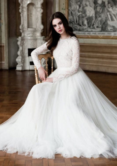 Long Sleeve Buttons Lace Tulle A-line Princess Wedding Dress