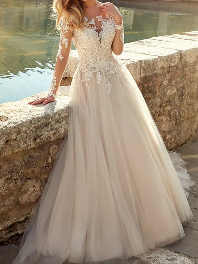 A-Line Illusion Scoop Neck Long Sleeve Lace Champagne Tulle Wedding Dress A-Line Illusion Scoop Neck Long Sleeve Lace Champagne Tulle Wedding Dress