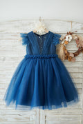 Navy Blue Glitter Tüll Flügelärmel Perlen Hochzeit Blumenmädchenkleid