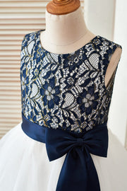 Navy Blue Gold Lace Ivory Tulle Wedding Flower Girl Dress - Princessly Navy Blue Gold Lace Ivory Tulle Wedding Flower Girl Dress - Princessly