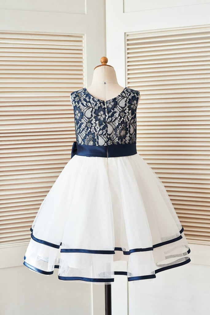 Navy Blue Gold Lace Ivory Tulle Wedding Flower Girl Dress - Princessly Navy Blue Gold Lace Ivory Tulle Wedding Flower Girl Dress - Princessly