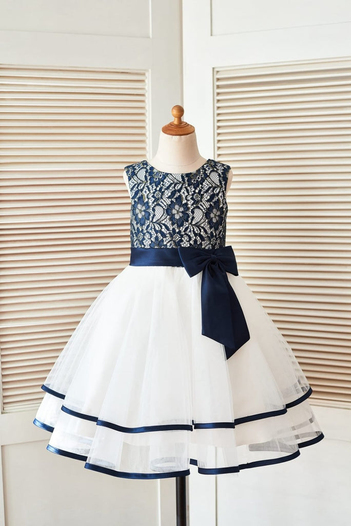 Navy Blue Gold Lace Ivory Tulle Wedding Flower Girl Dress